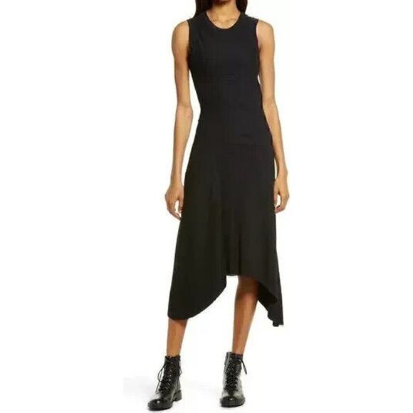 AllSaints Ribbed Knit Gia Asymmetric Midi Dress Women's Black Size 2 - Picture 1 of 9